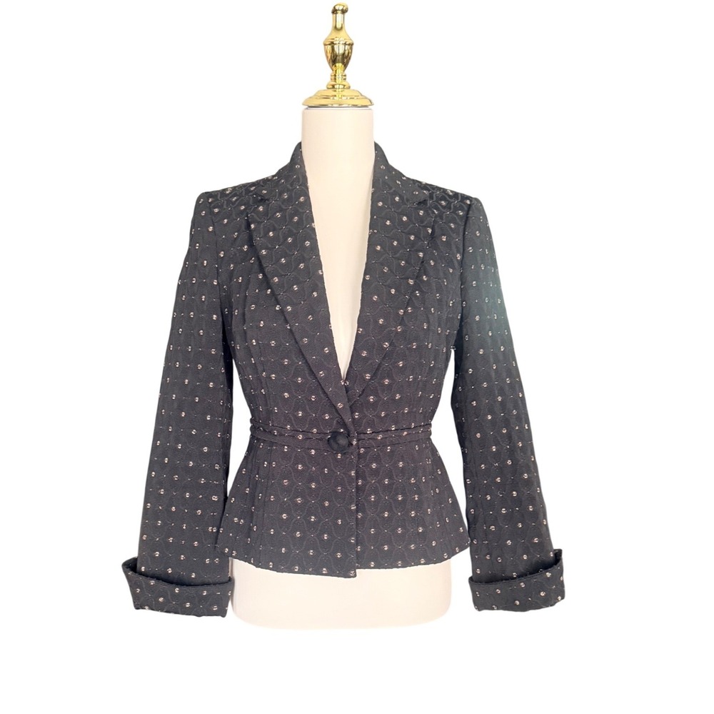 Anthropoligie Tapemeasure Gray Jacquard Metallic Dot Peplum Blazer Jacket Size 4